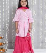Pink woven lurex cotton  kurti and sharara with dupatta set for girls