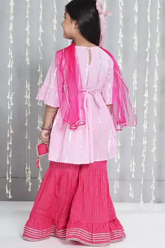 Pink woven lurex cotton  kurti and sharara with dupatta set for girls