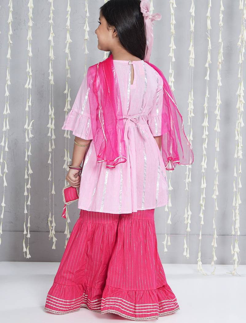 Pink woven lurex cotton  kurti and sharara with dupatta set for girls