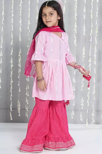 Pink woven lurex cotton  kurti and sharara with dupatta set for girls