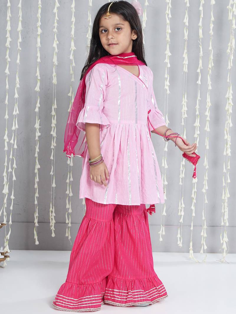 Pink woven lurex cotton  kurti and sharara with dupatta set for girls