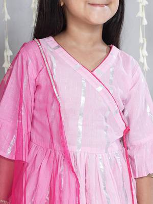 Pink woven lurex cotton  kurti and sharara with dupatta set for girls 4