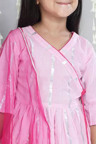 Pink woven lurex cotton  kurti and sharara with dupatta set for girls