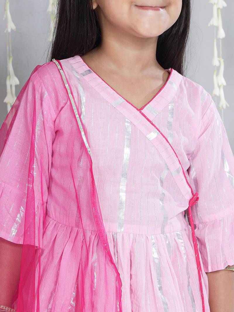 Pink woven lurex cotton  kurti and sharara with dupatta set for girls