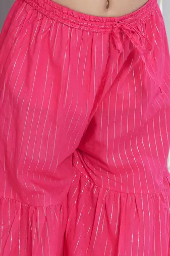 Pink woven lurex cotton  kurti and sharara with dupatta set for girls