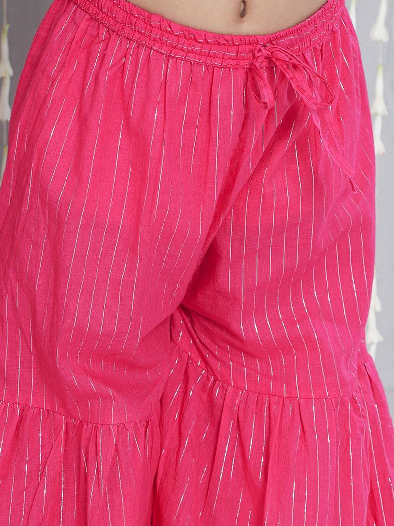 Pink woven lurex cotton  kurti and sharara with dupatta set for girls