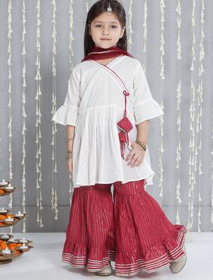 White woven lurex cotton  kurti and sharara with dupatta set for girls 1
