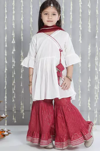 White woven lurex cotton  kurti and sharara with dupatta set for girls
