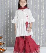 White woven lurex cotton  kurti and sharara with dupatta set for girls