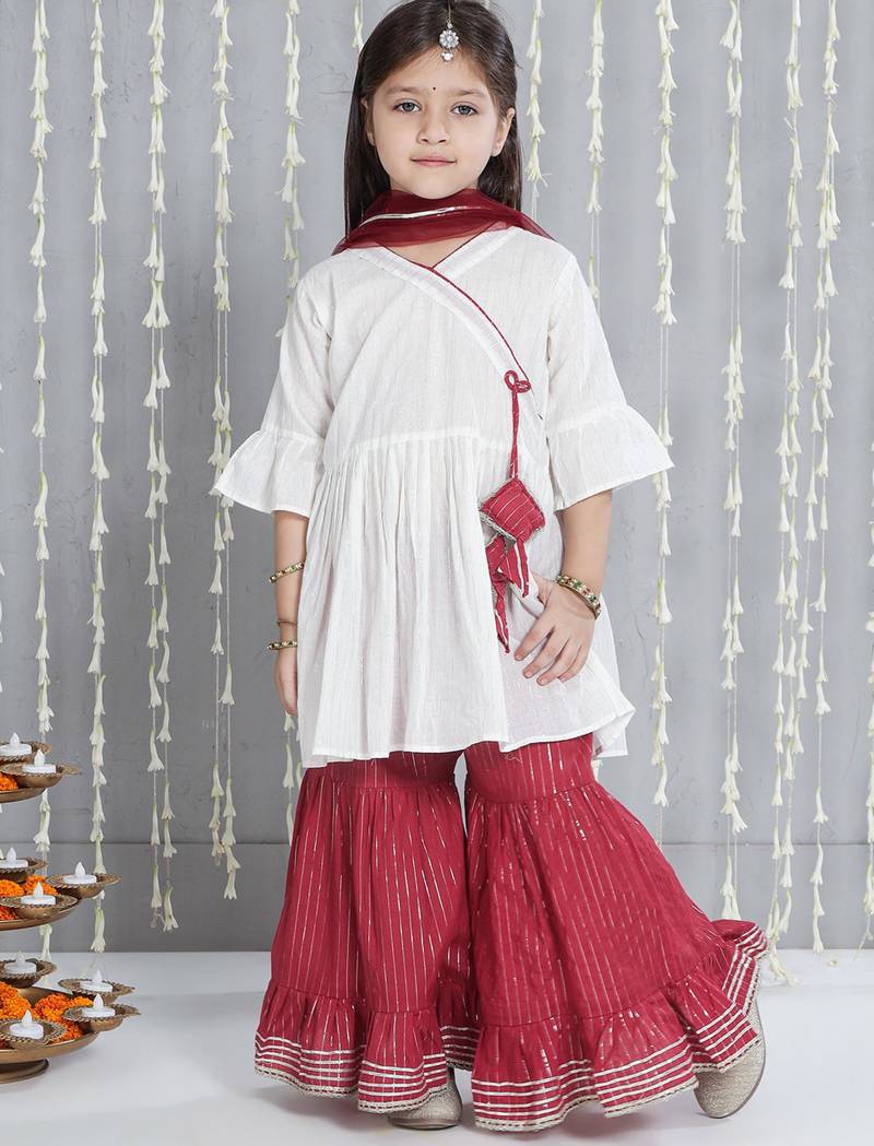 White woven lurex cotton  kurti and sharara with dupatta set for girls