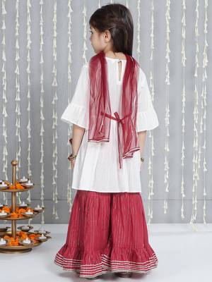 White woven lurex cotton  kurti and sharara with dupatta set for girls 2