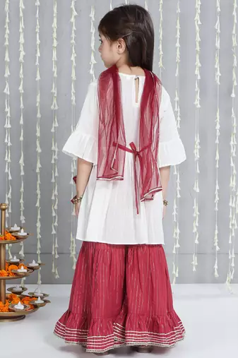 White woven lurex cotton  kurti and sharara with dupatta set for girls