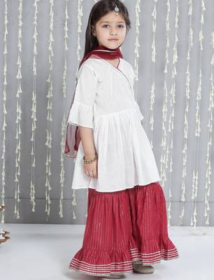 White woven lurex cotton  kurti and sharara with dupatta set for girls 3