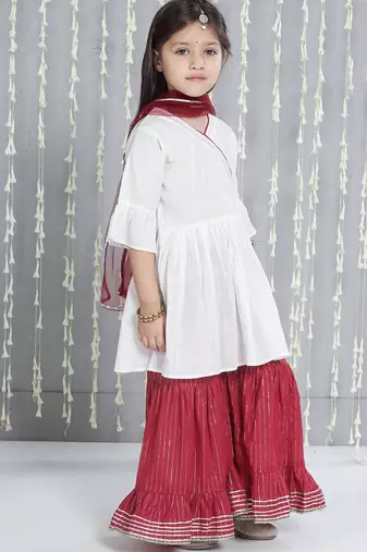 White woven lurex cotton  kurti and sharara with dupatta set for girls