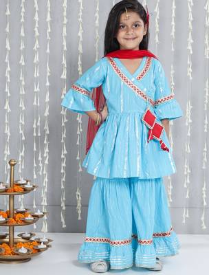 Blue woven lurex cotton  kurti and sharara with dupatta set for girls 1