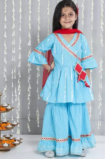 Blue woven lurex cotton  kurti and sharara with dupatta set for girls
