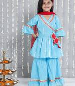 Blue woven lurex cotton  kurti and sharara with dupatta set for girls