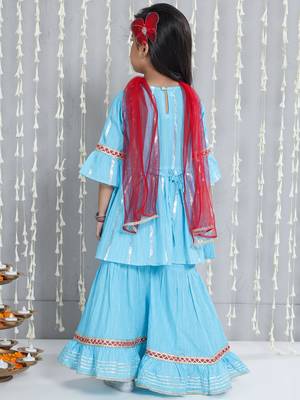Blue woven lurex cotton  kurti and sharara with dupatta set for girls 2