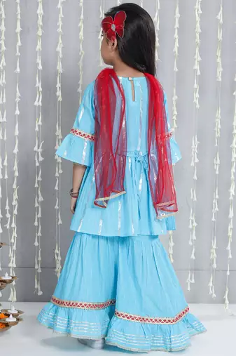 Blue woven lurex cotton  kurti and sharara with dupatta set for girls