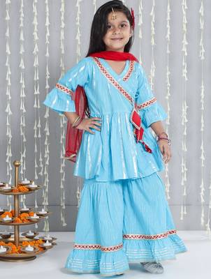Blue woven lurex cotton  kurti and sharara with dupatta set for girls 3