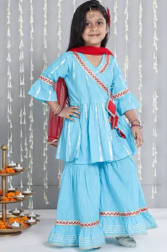 Blue woven lurex cotton  kurti and sharara with dupatta set for girls