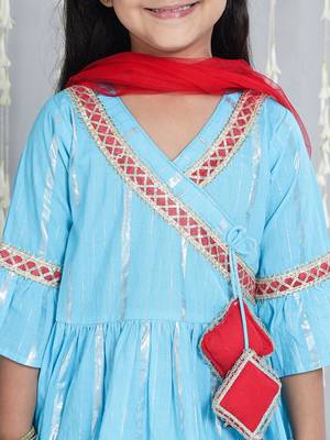 Blue woven lurex cotton  kurti and sharara with dupatta set for girls 4