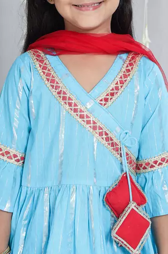 Blue woven lurex cotton  kurti and sharara with dupatta set for girls
