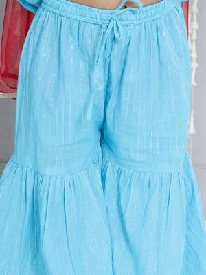 Blue woven lurex cotton  kurti and sharara with dupatta set for girls 5