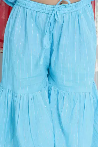 Blue woven lurex cotton  kurti and sharara with dupatta set for girls