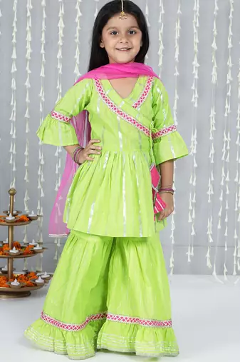 Green woven lurex cotton  kurti and sharara with dupatta set for girls