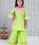 Green woven lurex cotton  kurti and sharara with dupatta set for girls