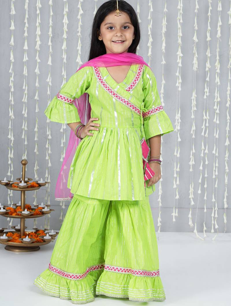 Green woven lurex cotton  kurti and sharara with dupatta set for girls