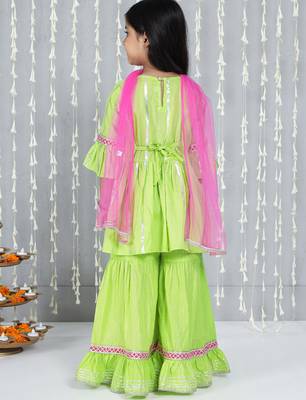 Green woven lurex cotton  kurti and sharara with dupatta set for girls 2
