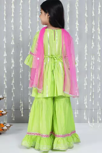 Green woven lurex cotton  kurti and sharara with dupatta set for girls
