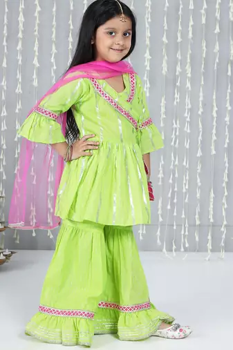 Green woven lurex cotton  kurti and sharara with dupatta set for girls