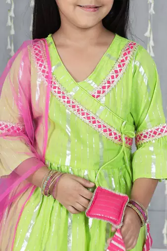 Green woven lurex cotton  kurti and sharara with dupatta set for girls
