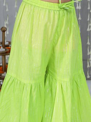 Green woven lurex cotton  kurti and sharara with dupatta set for girls 5