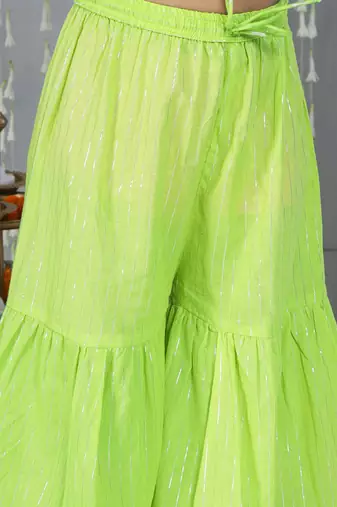 Green woven lurex cotton  kurti and sharara with dupatta set for girls