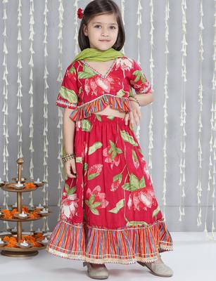 Pink printed cotton lehenga choli with dupatta set for girls 1