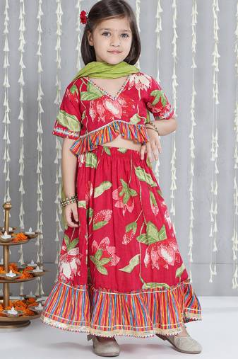 Pink printed cotton lehenga choli with dupatta set for girls