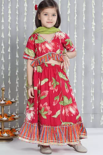 Pink printed cotton lehenga choli with dupatta set for girls