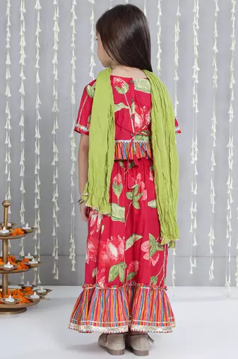 Pink printed cotton lehenga choli with dupatta set for girls