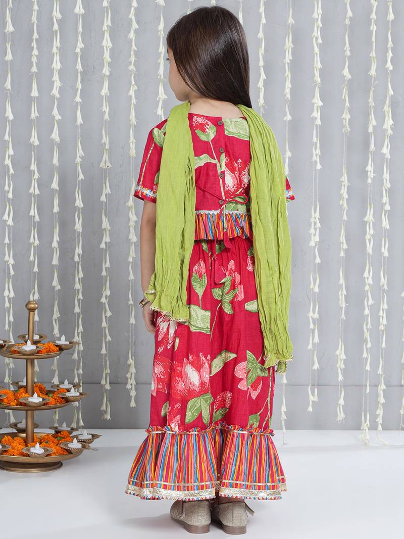 Pink printed cotton lehenga choli with dupatta set for girls