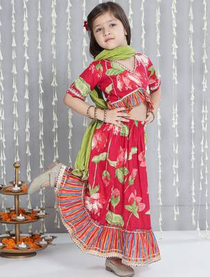 Pink printed cotton lehenga choli with dupatta set for girls 3