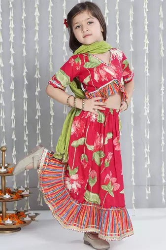 Pink printed cotton lehenga choli with dupatta set for girls