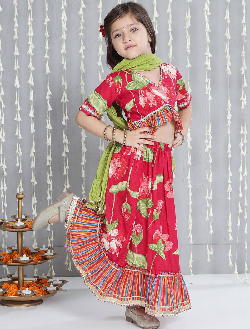 Pink printed cotton lehenga choli with dupatta set for girls