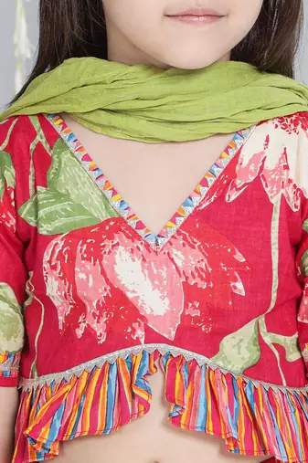 Pink printed cotton lehenga choli with dupatta set for girls