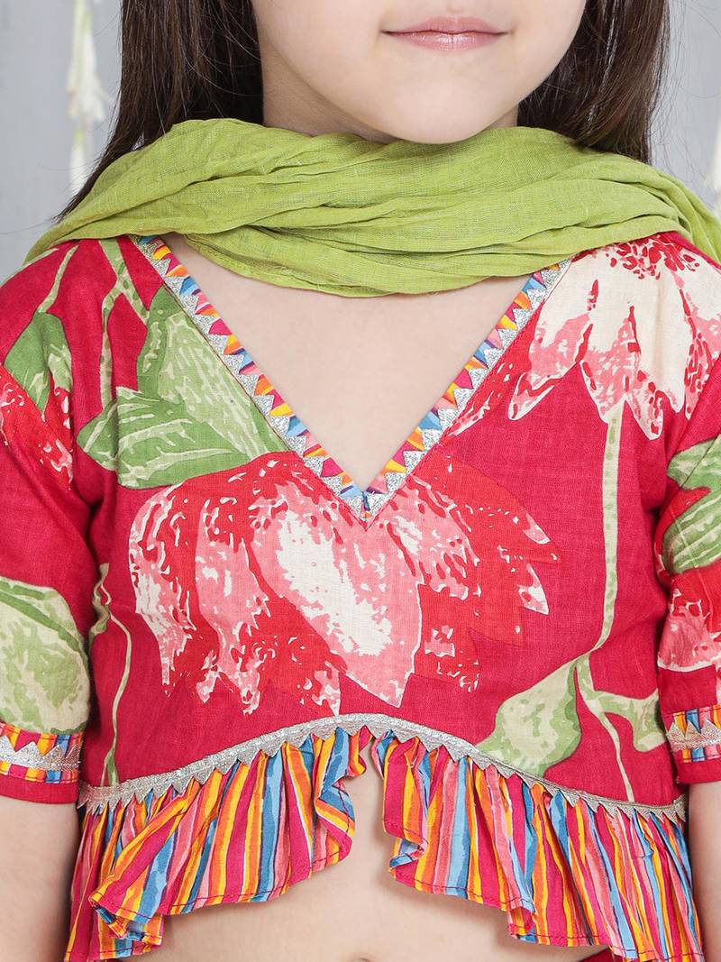 Pink printed cotton lehenga choli with dupatta set for girls