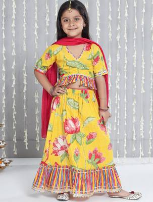 Yellow printed cotton lehenga choli with dupatta set for girls 1