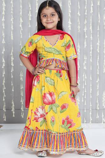Yellow printed cotton lehenga choli with dupatta set for girls